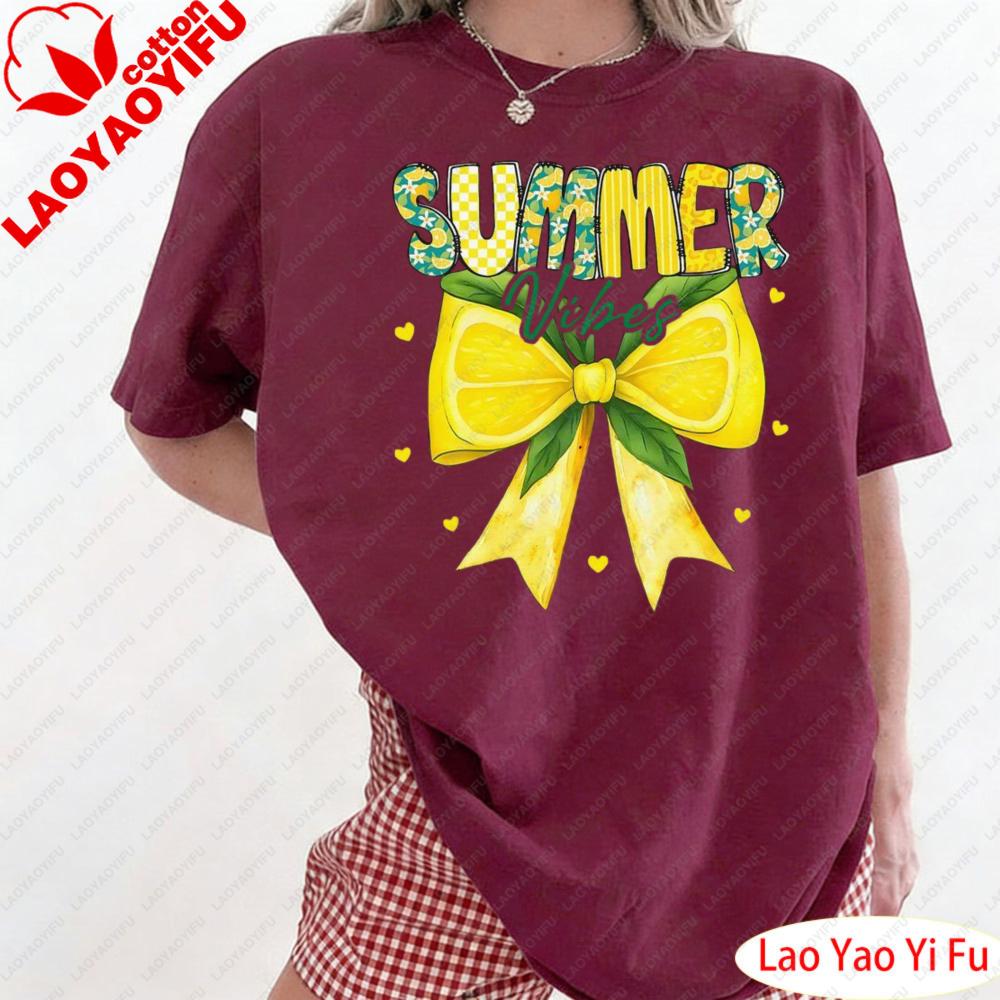 Preppy Summer Vibes Lemon Bow Girly Summer Women TShirt Summer Yellow Lemon Bowknot Pattern Print Clothes Graphic Tees