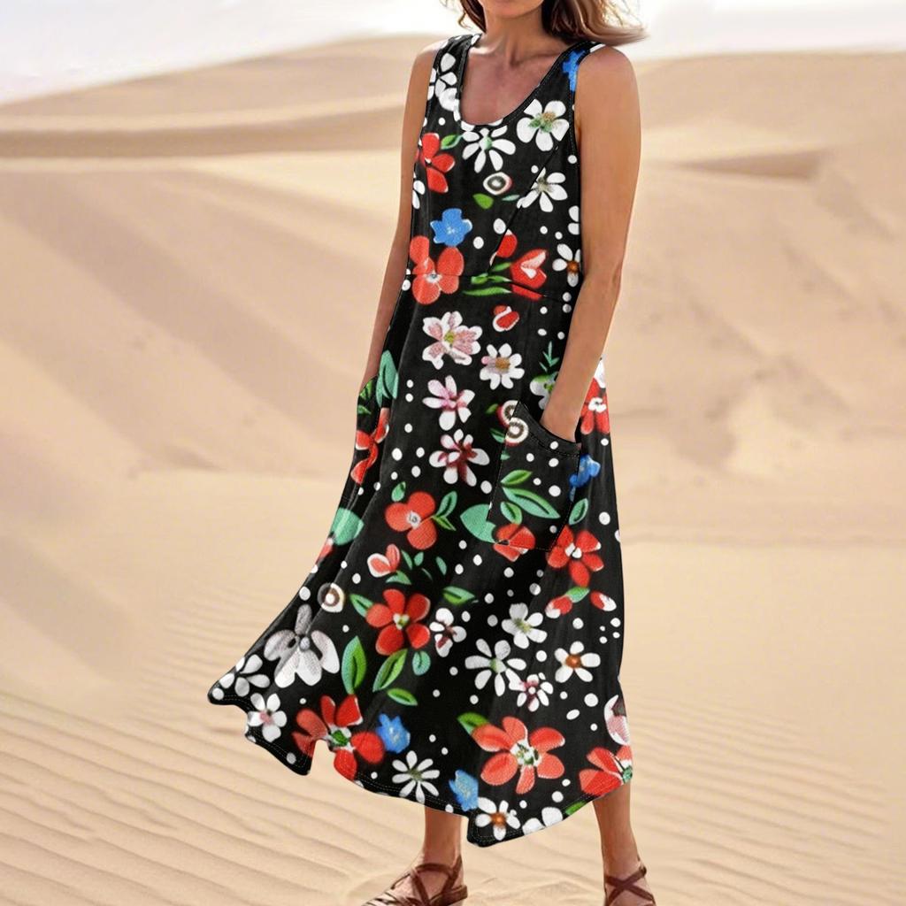 Женское летнее повседневное модное платье без рукавов с цветочным принтом и карманом