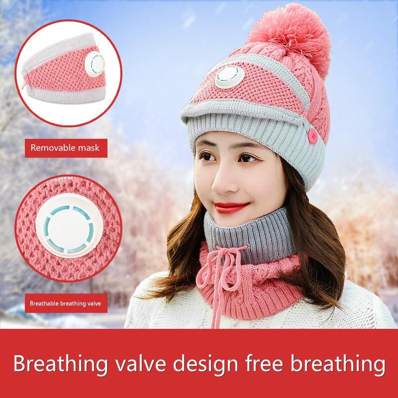 Autumn and Winter Woolen Hat Set Ladies Warm Plus Velvet Knitted Woolen Hat Bib Two-piece Woolen Hat