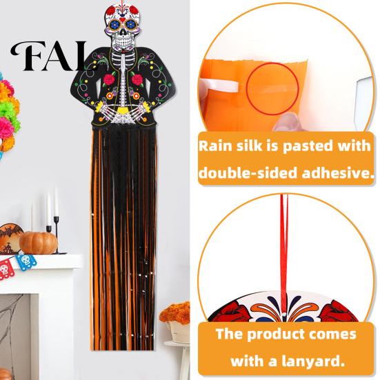 Durable PET Paper Wind Sock Day of The Dead Hanging Decoration, Dia De Los Muertos Floral Skull Party Supplies Foil Fringe Decor, Mexican Fiesta