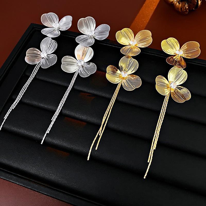 1Pair Exaggerated Unique Metal Flower Tassel Long Drop Earrings For Women Girls Personalized Earrings Daily Accessories Gifts
