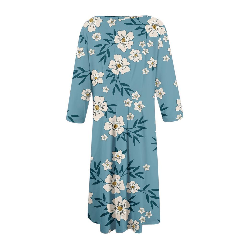 Женское модное повседневное миди-платье с круглым вырезом и рукавами три четверти