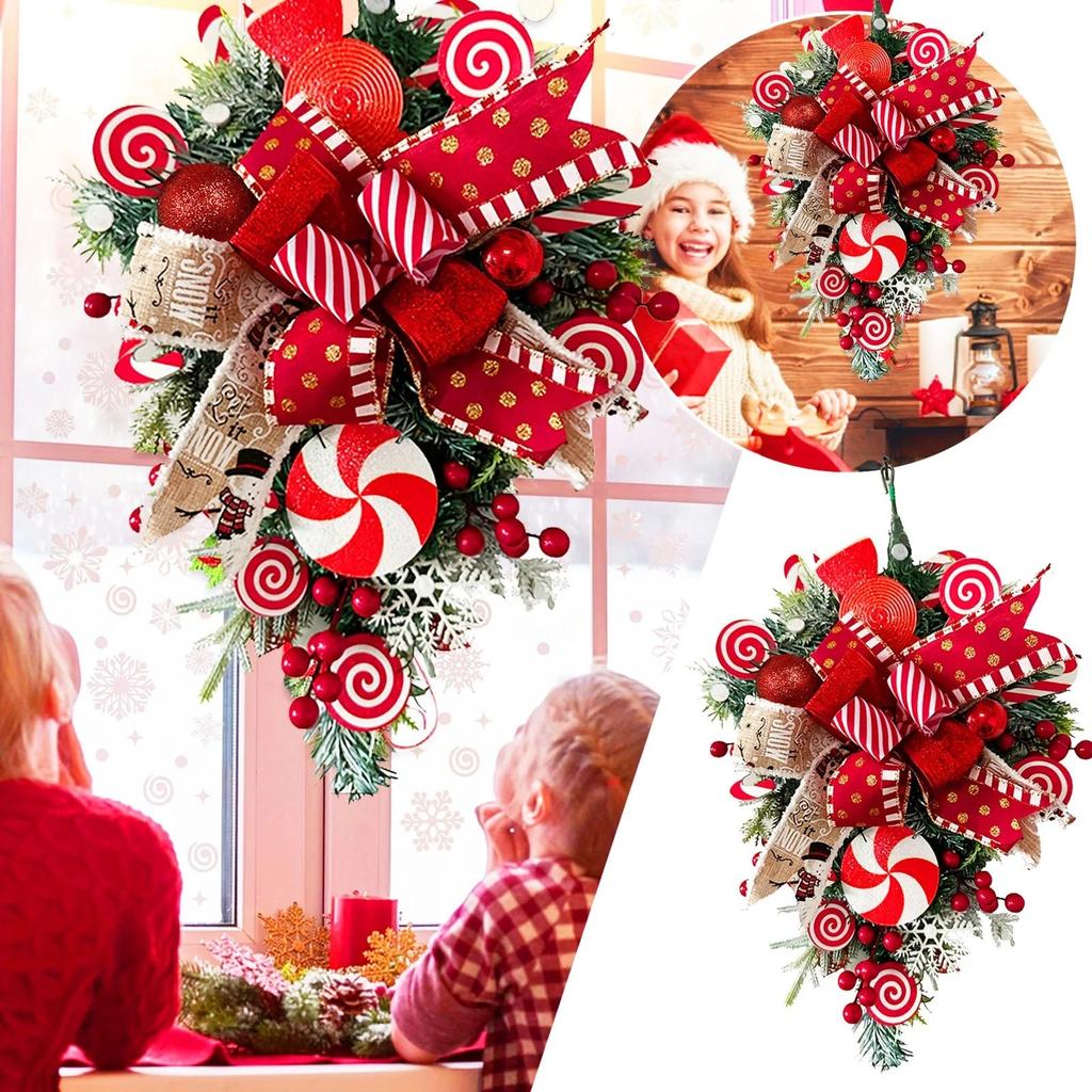Christmas Door Wreath - Red And Candy Cane Teardrop Ornaments With Balls For Home Outdoor Decoration 3D Christmas Flower