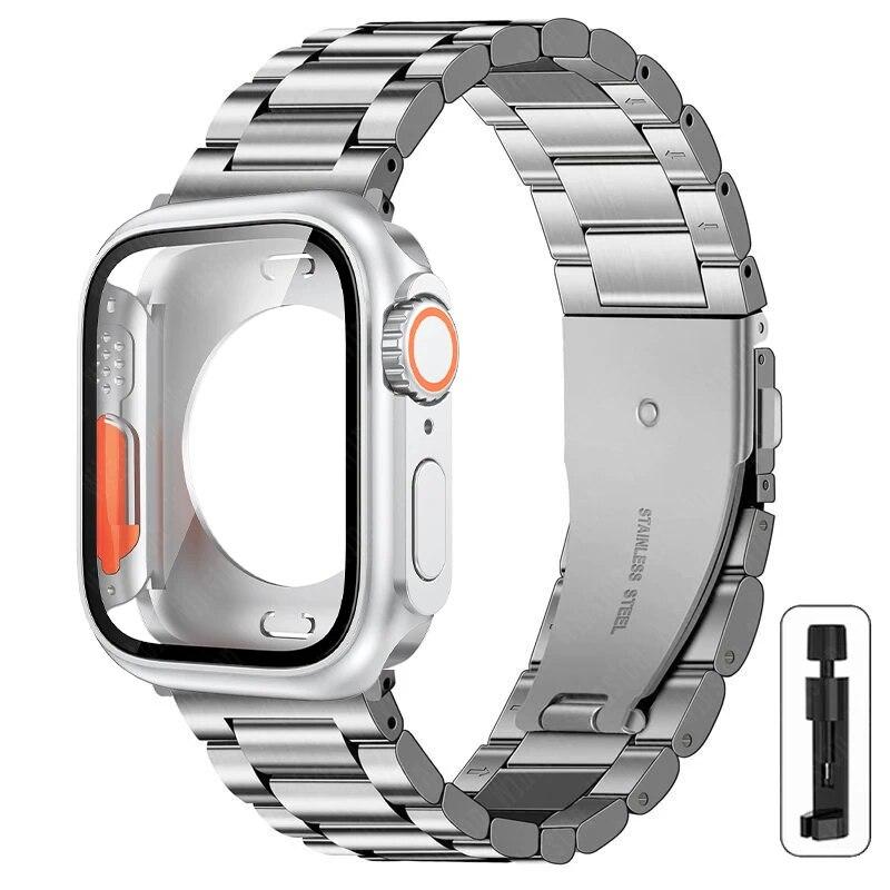 Ремешок+корпус из нержавеющей стали для Apple Watch 44мм 45мм 41мм 40мм Улучшенный ТПУ корпус Iwatch Series 9 8 7 6 SE 5 4 Металлический браслет