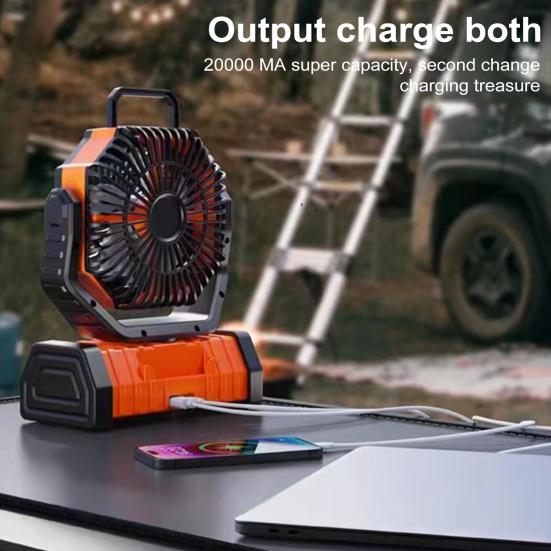 Camping Fan Rechargeable 20000mAh Battery Operated Portable Fan with LED Light Remote Control Power Bank Function 4-speed 270-degree Rotation Desk