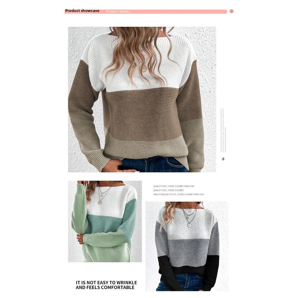 Autumn and Winter Knitted Sweater Women's Contrasting Color Spliced Round Neck Long Sleeved Pullover Top