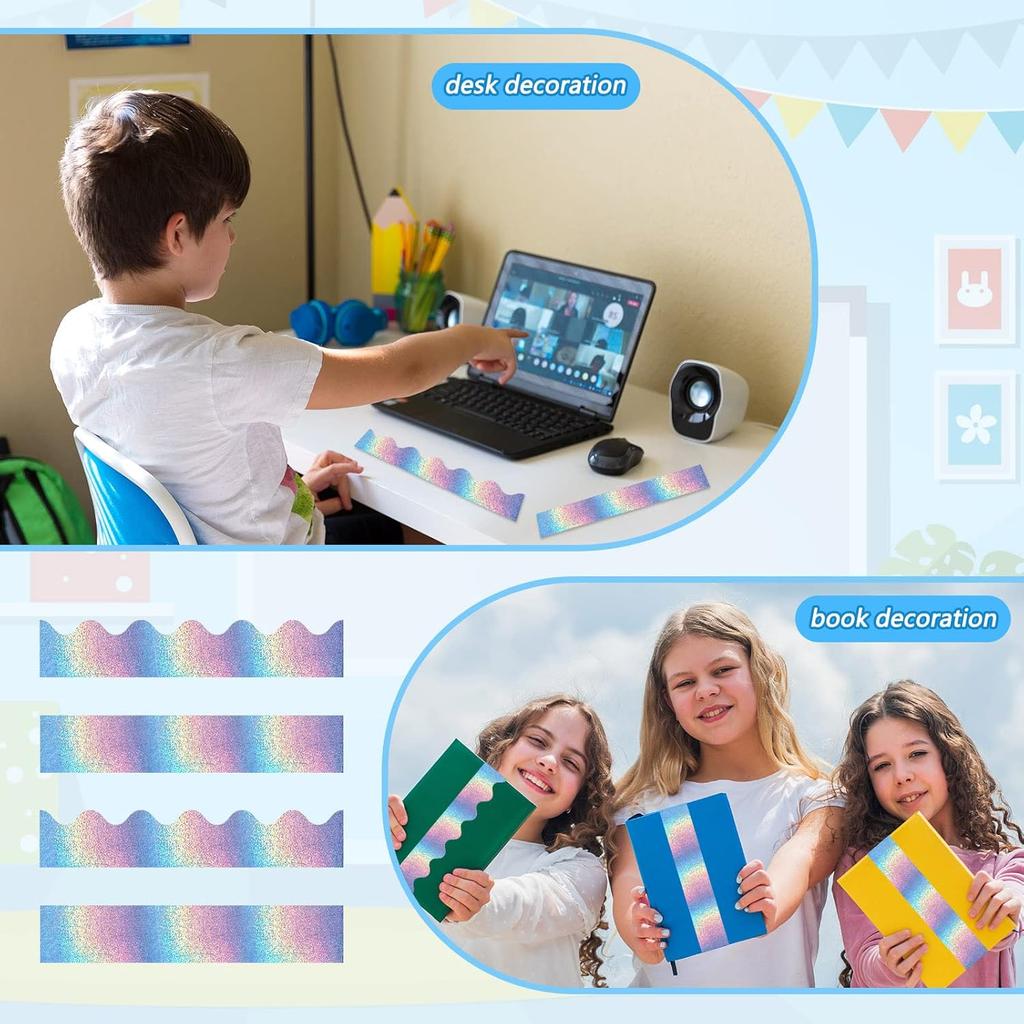 Gueevin 90 Pcs Iridescent Bulletin Board Borders Classroom Decor Iridescent Straight Rolled Border Trim Bulletin Borders for Teacher Students