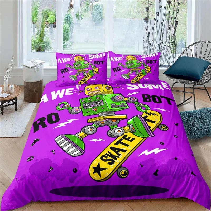 Комплект постельного белья с изображением робота, мультяшный космический робот, комплект постельного белья в стиле пэчворк, футуристическая машина, одеяло, чехол для близнеца, полный комплект для мальчика