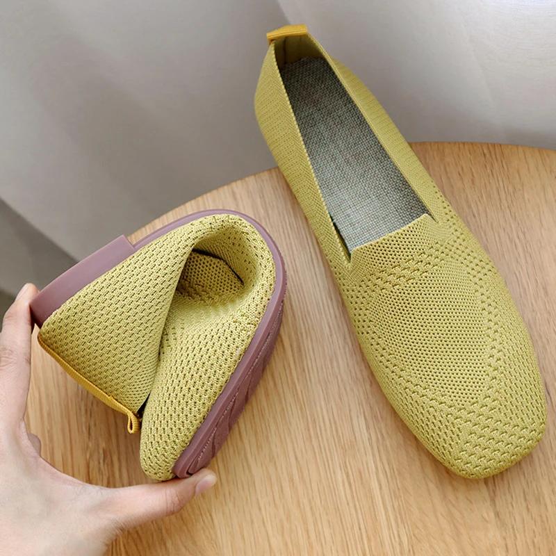 Весенние новые балетки женские трикотажные мокасины с квадратным носком повседневные дышащие туфли на плоской подошве для вождения туфли-лодочки PlusSize 35-42