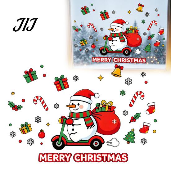 Window Beautification Supplies Cute Snowman Scooter Christmas Static Cling, Cartoon Merry Glass Waterproof Decorations Decal, Sticker for Home