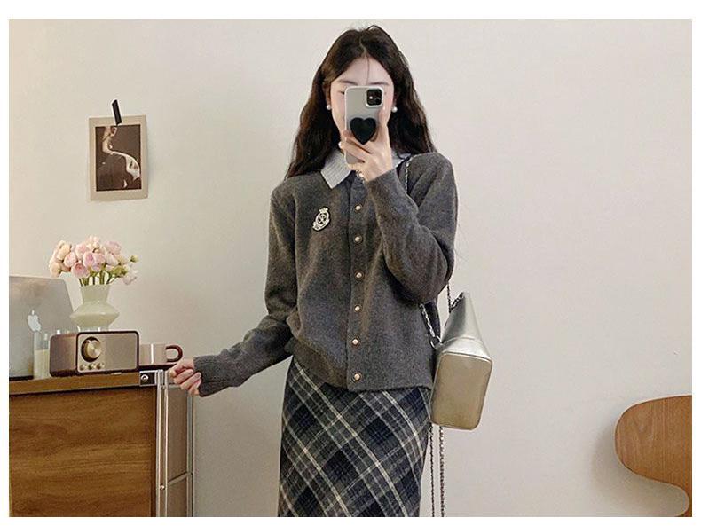 Женская ретро шерстяная клетчатая юбка миди: Эластичная высокая талия, приталенный А-силуэт с разрезом, идеально для осени/зимы.