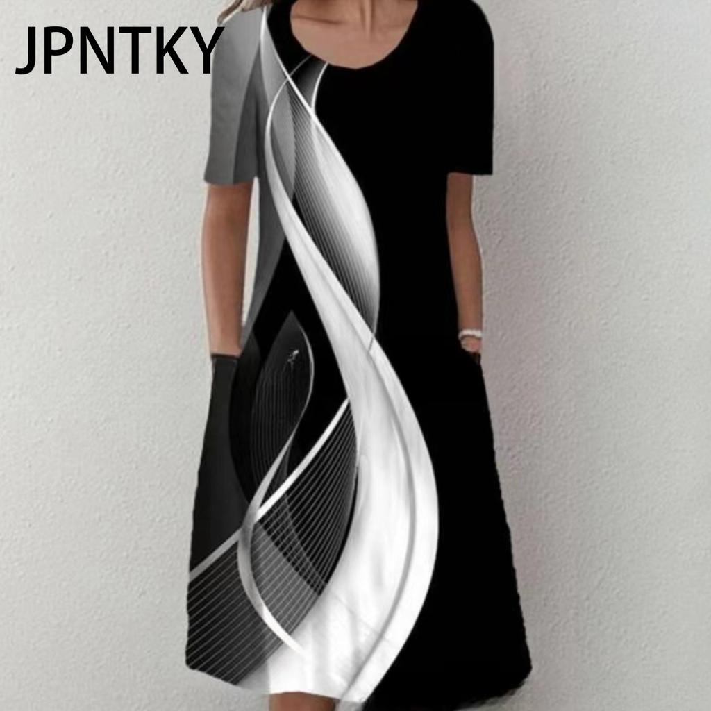 JPNTKY Women's Fashion Summer Spring Short Sleeve O-Neck Casual Dresses