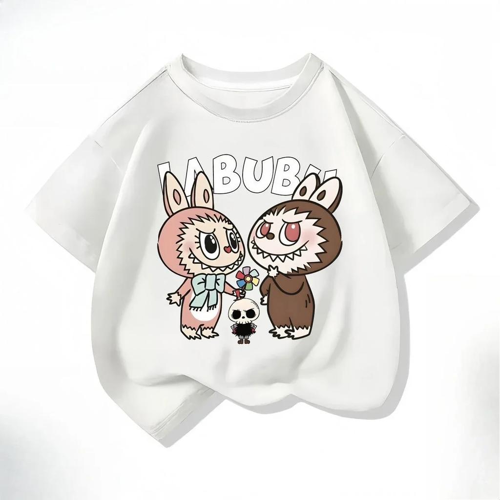 Labubu Летняя Милая Мультяшная Принтованная Детская Футболка Повседневная Модная С коротким рукавом Каваи Топ Детская Футболка для Мальчиков и Девочек Смешная Одежда