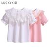 Летняя белая футболка с короткими рукавами для девочек, новинка 2022 года, хлопковая детская кружевная блузка с лацканами для подростков, школьная одежда для детей, топы для детей от 3 до 12 лет