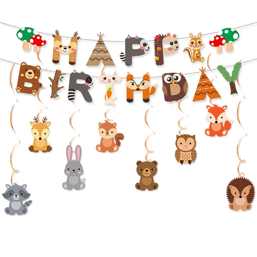 Mori Small Animal Birthday Flag Latte Flower Spiral Pendant Set Fox Hedgehog Birthday Banner