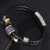 Stainless Steel Metal Clasp Bangles Men Jewelry Two Layers Black Genuine Leather Bracelet