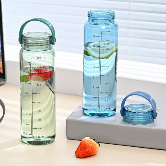 Бутылка для воды 500 мл со шкалой, портативной ручкой, большой емкости, герметичная, для мужчин и женщин, для путешествий, тренировок в тренажерном зале, для занятий спортом, прозрачная удобная чашка для питья