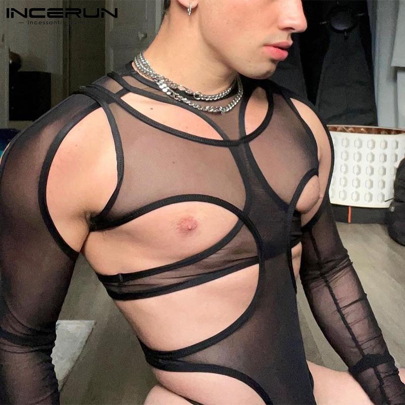 INCERUN Летние прозрачные мужские модные рубашки с длинными рукавами и жилет, комбинезон, трико, облегающие секст-клубные боди, S-5XL