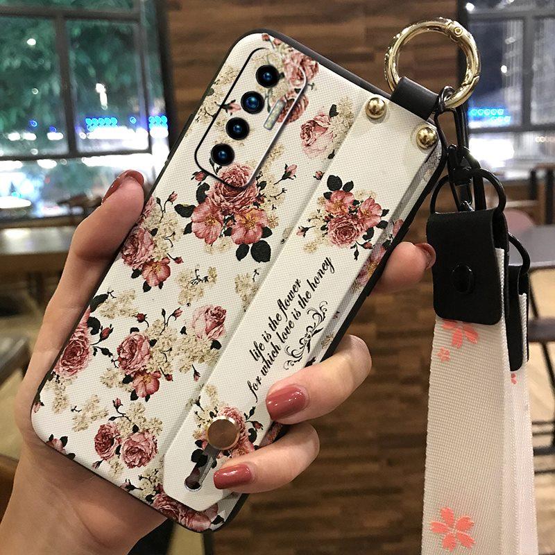Soft Case Silicone Phone Case For Tecno Camon17P Dirt-resistant Flower Durable Wrist Strap Wristband Lanyard Ring