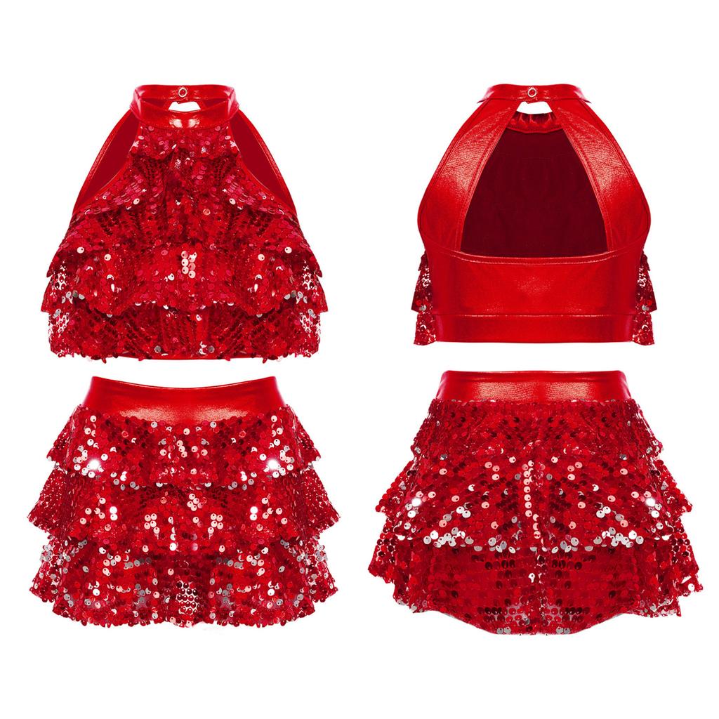 Детское платье без рукавов с вырезом на спине и блестками для джазовых латинских танцев, укороченный топ с лямкой на бретельках и юбкой, танцевальный наряд