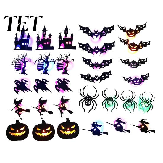 Spooky Party Wall Decals 30Pcs Halloween Decor with LED Light, Glowing Bat Ghost itch Layout Props Spider Silhouette Decoration, Light-Up Window