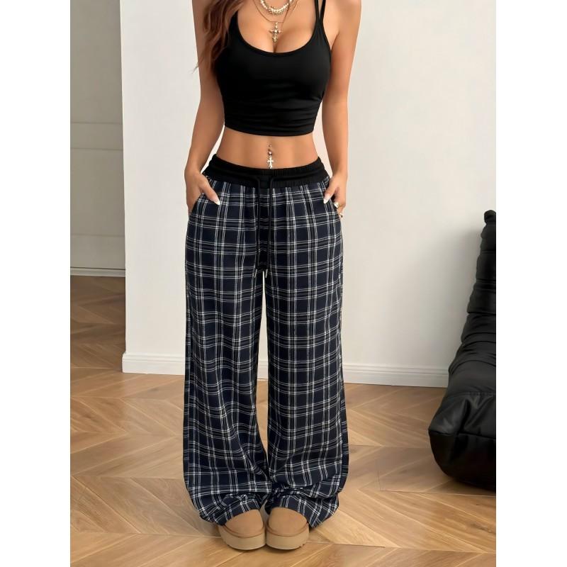 Womens Relaxed Fit Plaid Wide Leg Pants With Drawstring Waist Fall Winter Casual Trousers