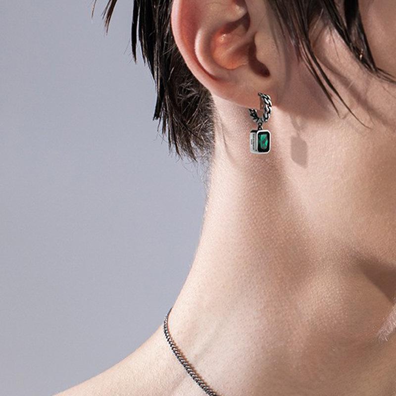 Geometric Square Green Zircon Earrings Women Retro Fashion Temperament Hip Hop S Ear Buckle Earrings Tide Jewelry