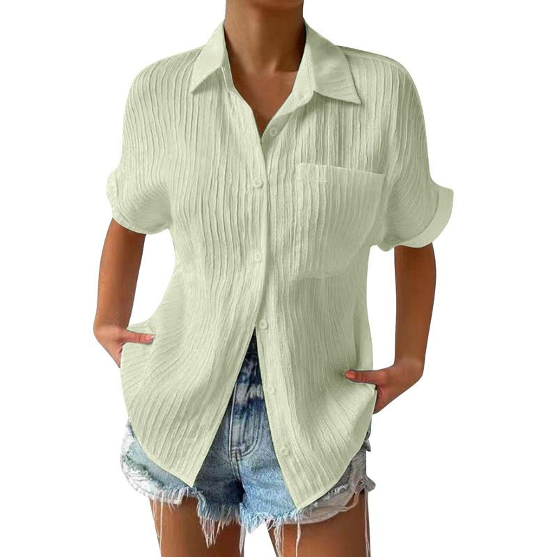 Summer Women's Casual Shirt Solid Color Lapel Button Short Sleeve Tunic Shirt Business Casual Work Shirt Office Femininity Top
