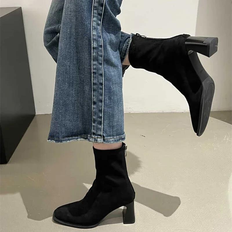 Мода Женские эластичные ботильоны Модные элегантные современные тонкие короткие ботинки Осень-зима Laides Молнии сзади Обувь