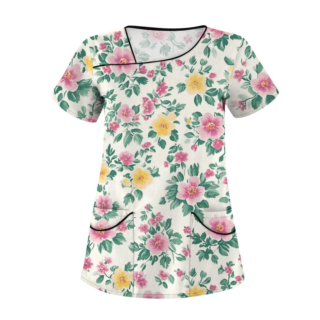 Женская повседневная рабочая одежда с короткими рукавами и наклонным воротником с принтом и двойными карманами
