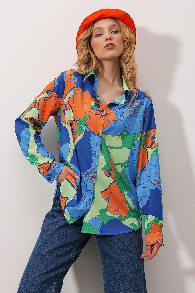 Women's Shirt New Season Fashion Steel Blue Oversize Long Woven Shirt