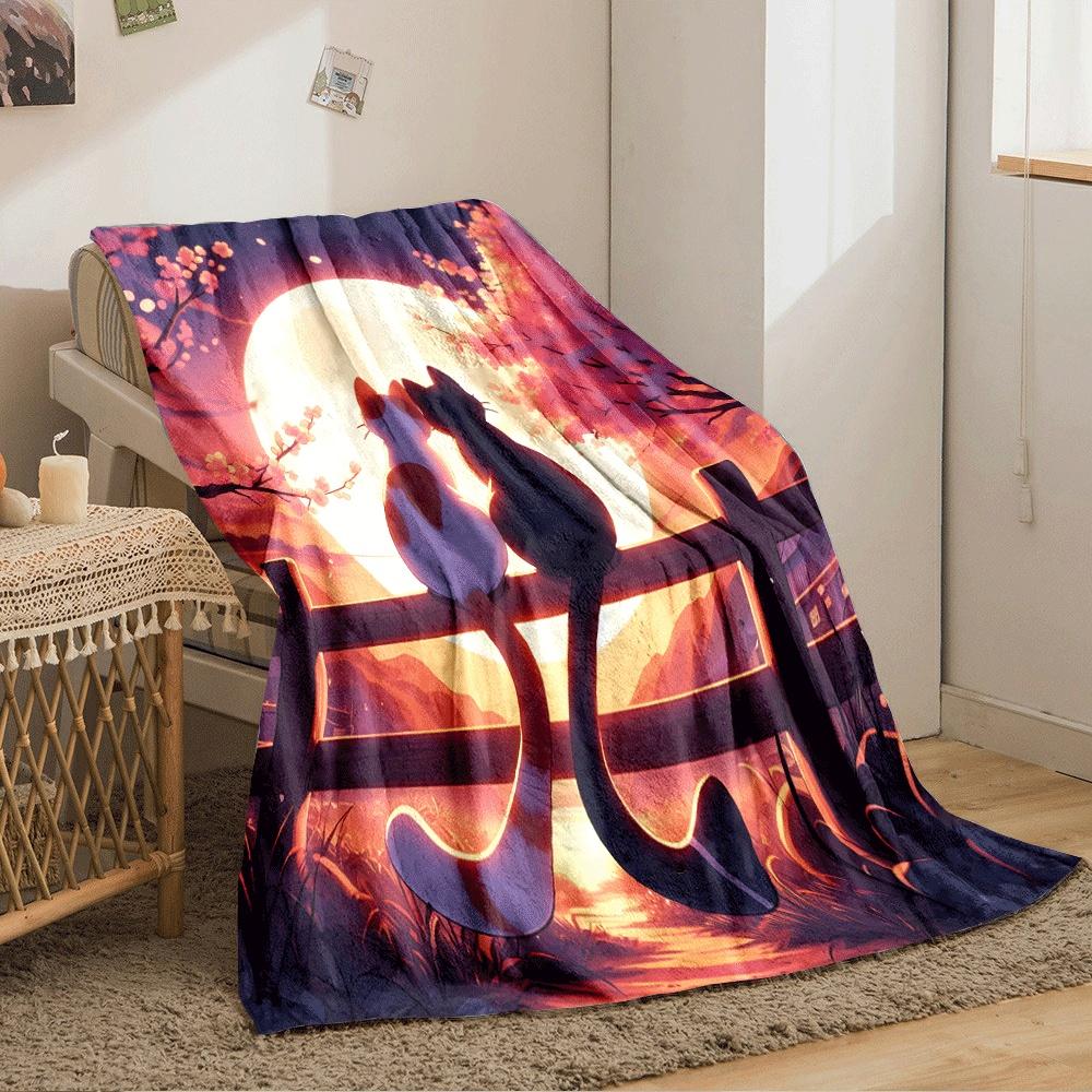 Two cats sit on a wooden fence, gazing at a glowing full moon. for all seasons blanket lunch break throw gift