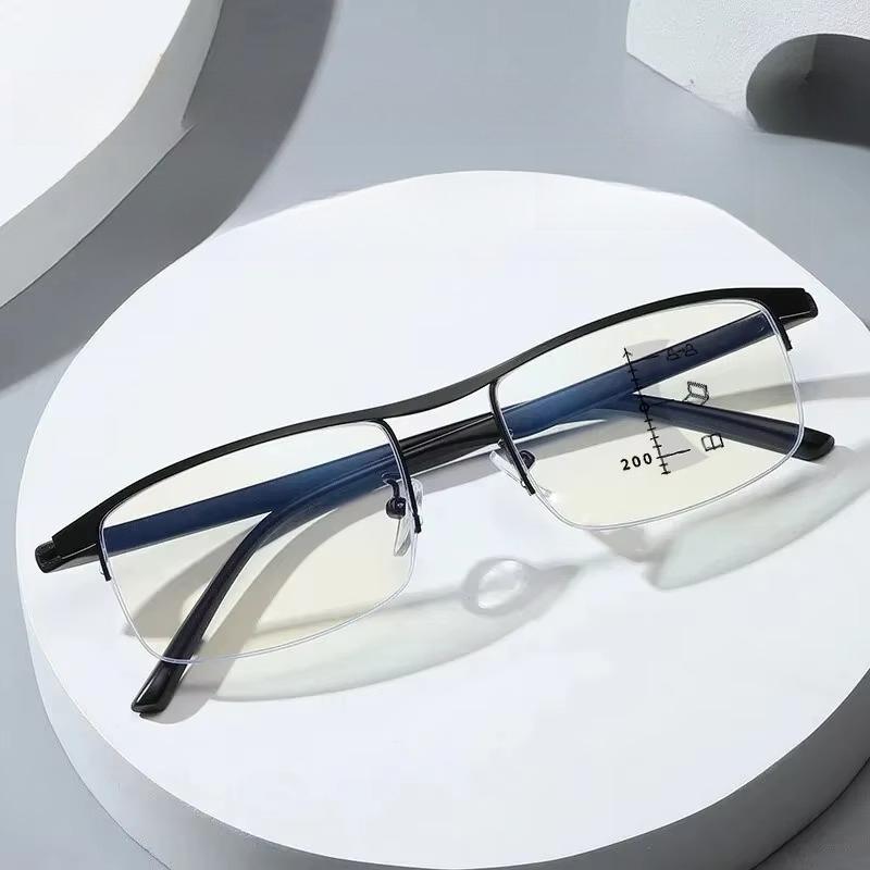 Men'S Business Semi-Frame Multi-Focus Reading Glasses Fashionable Trend Glasses Anti-Blue Light Presbyopia Glasses +1.0 To +4.0