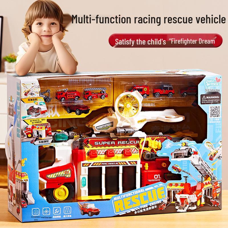 Multi-functional Rescue Fire & Police Toy Truck with Water Spray and Track - Educational Gift for Boys