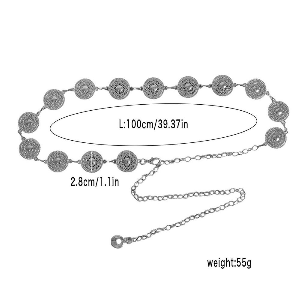 Женский металлический пояс с круглыми вырезами, золото, серебро, резной, длинный, регулируемая цепочка, элегантный, для платья, пальто, декоративный ремешок
