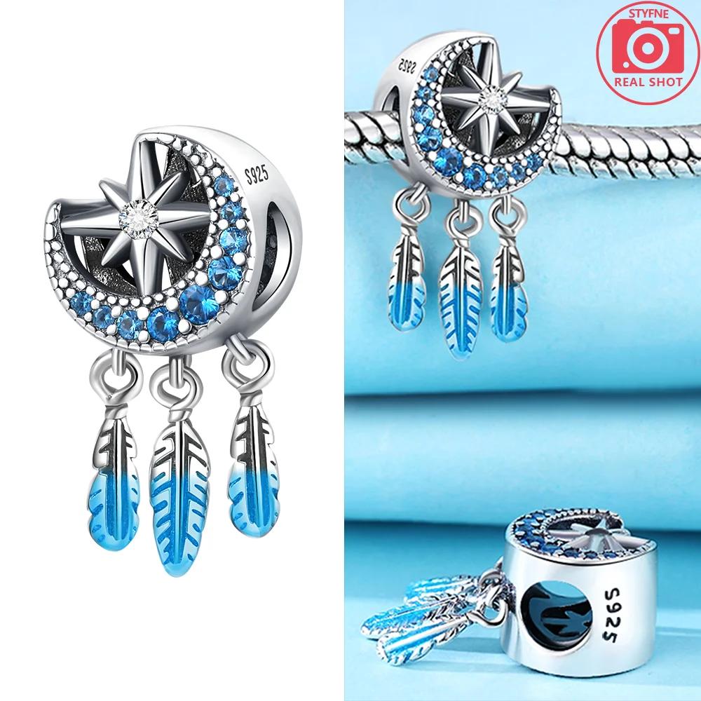 Authentic copper Charm Moon Yellow Stars Blue Zircon Feathers Bead Charms Compatible With Bracelets Women Diy Accessory Valentines Fine Gift