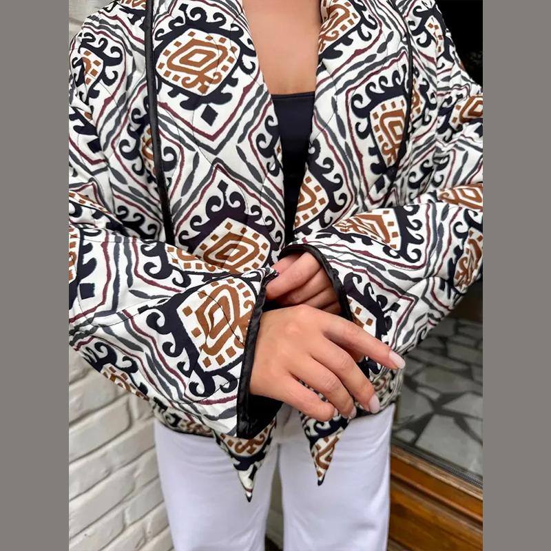 Printed Lace Up Cotton Jacket Lapel Cardigan Thick Warm Women's Oversize Coat Retro Ethnic Style Autumn/Winter 2025