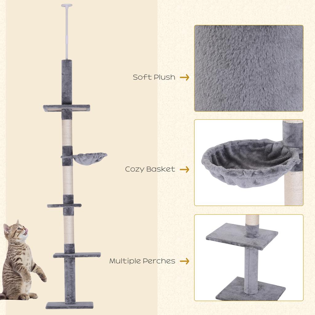 Floor To Ceiling Cat Tree 230 260cm Height Adjustable 5 Tier Cat Tower With Scratching Posts Hammock Perches Climbing Activity Centre For Indoor
