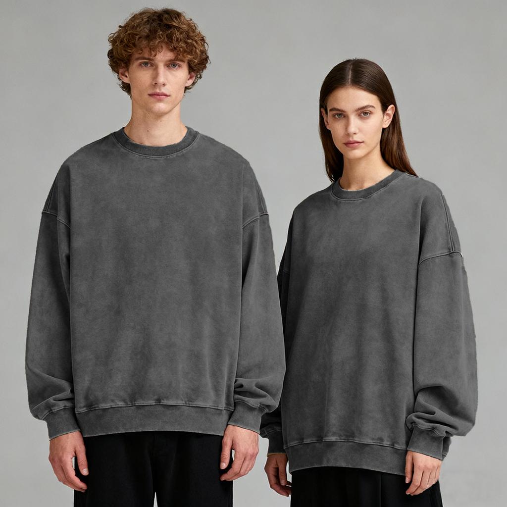 American Retro Washed Sweatshirt Oversized Crewneck Solid Color Pullover