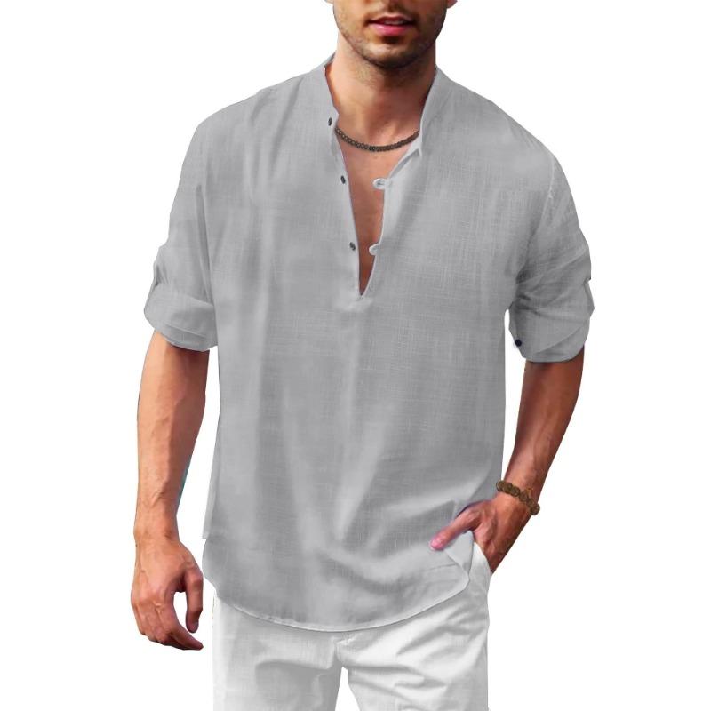Men Linen Blend Stand Collar Shirt Casual Half Button Roll Up Sleeve Solid Blouse