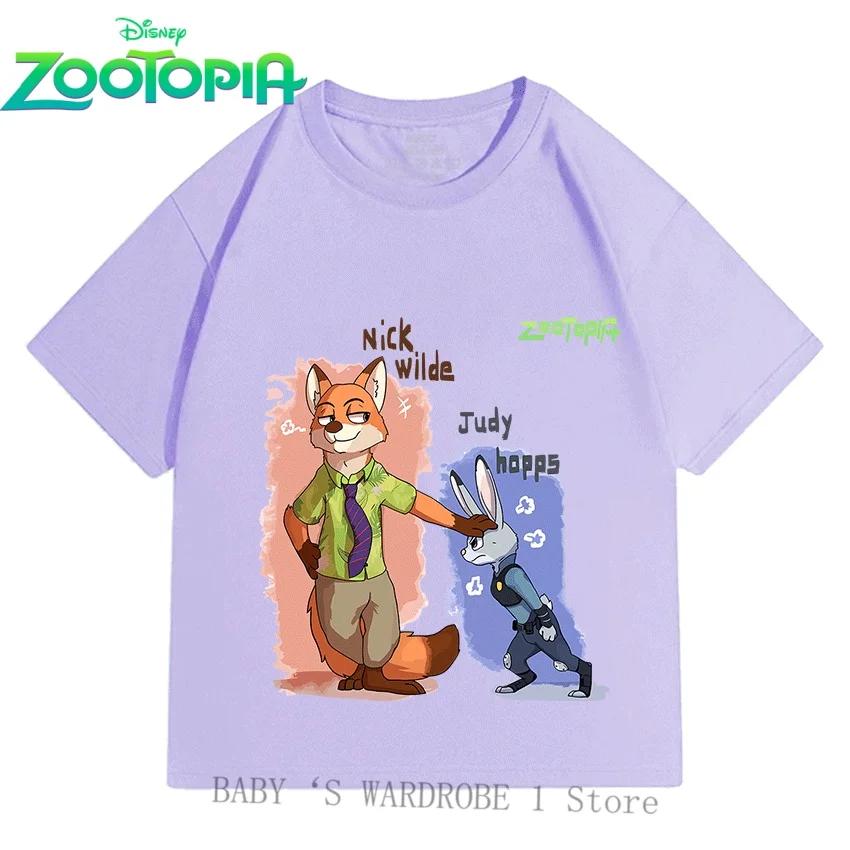 Хлопковые футболки с коротким рукавом Disney Зверополис для мальчиков и девочек 3-12 лет с мультяшными принтами, милые, модные