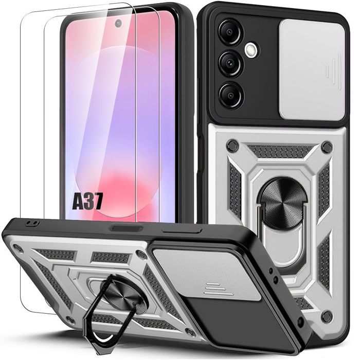 Coque pour Samsung Galaxy A37 5G, avec Protection Caméra Anti-Rayures - Argenté - 2 Verres Trempés