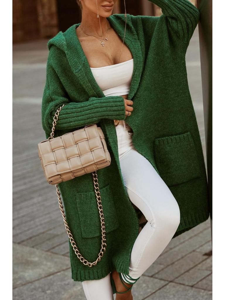 Осенне-зимний длинный кардиган с капюшоном, отложным воротником и вязаным узором с буквами