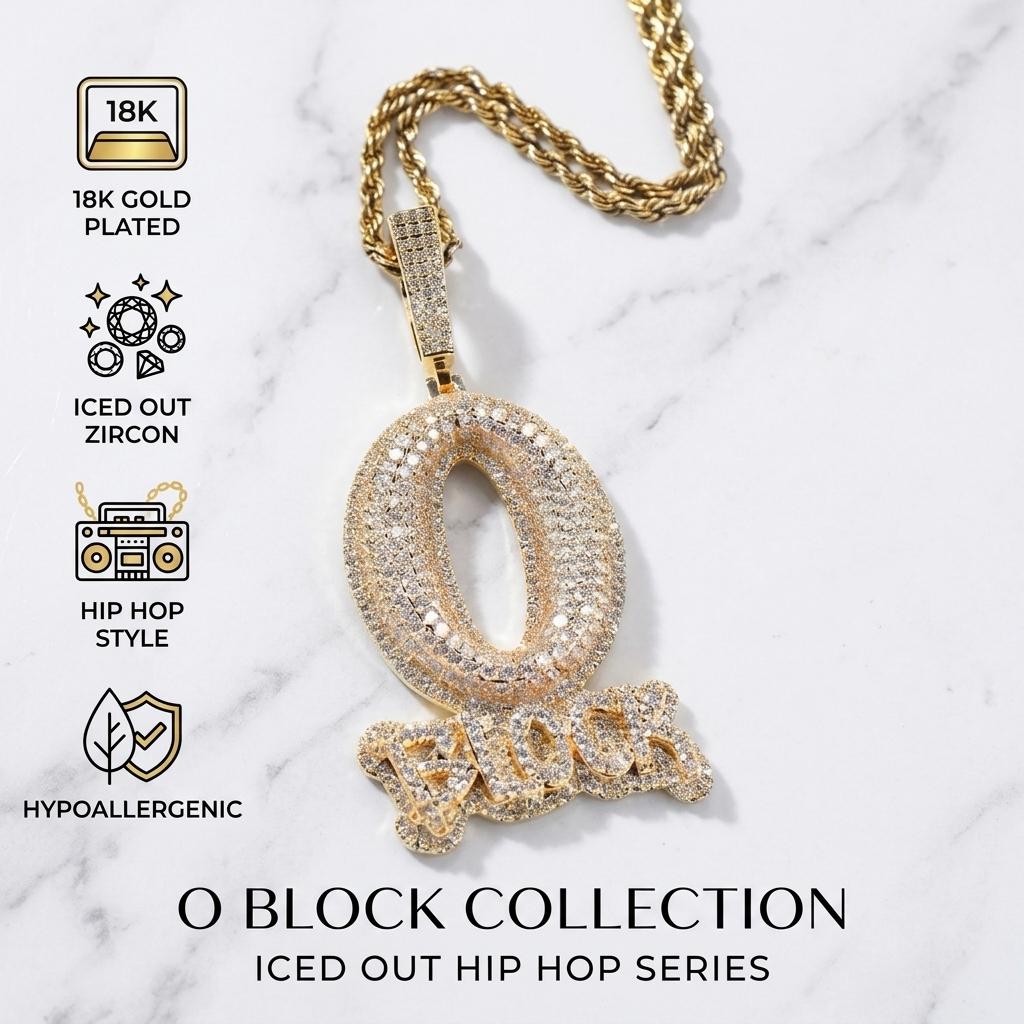 Iced Out 18K Gold Plated O BLOCK Letter Pendant Necklace for Men Streetwear Hip Hop Jewelry Ganku