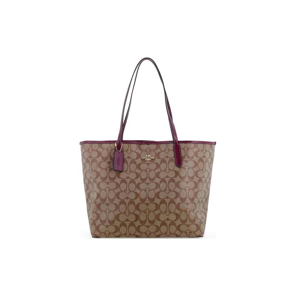 Coach City 33 Classic Monogram Tote Bag Women Tote Khaki Deep-Berry-Red 5696-IMRSF