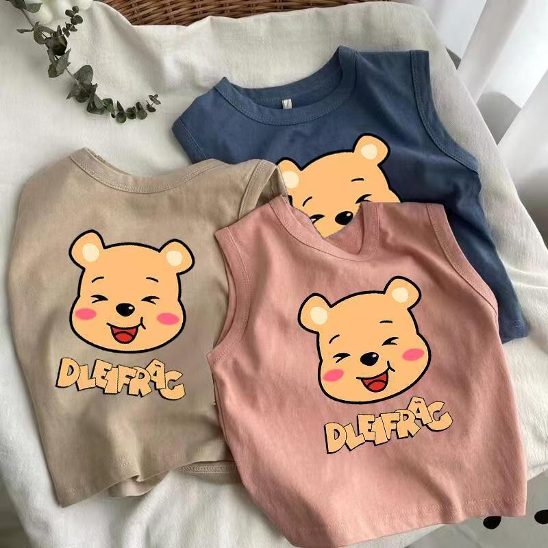 Kids' Summer Sleeveless Cotton Vest and Short Sleeve Cartoon T-Shirt - Fashionable and Cute Print