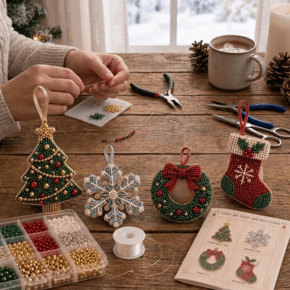 3D Beaded Christmas Bead Ornament Kit Snowflake Christmas Tree Hanging Pendant Holiday Activity