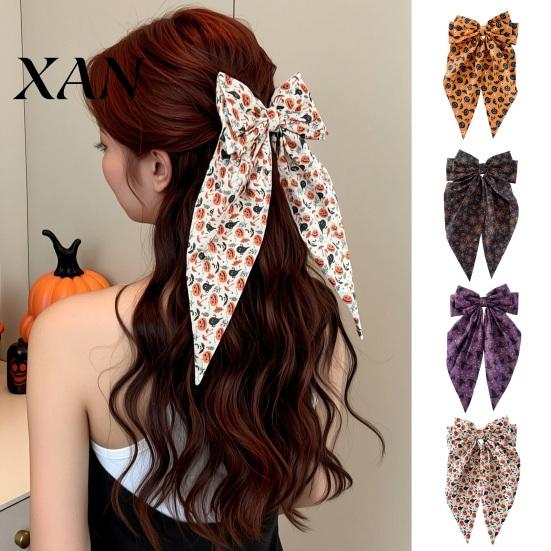 Flexible Streamer Hairpin Halloween Silky Satin Hair Bows, Big Ribbon Bow Clips, Oversized Long Tail Barrettes, Clip Cute Pumpkin Ghost Witch