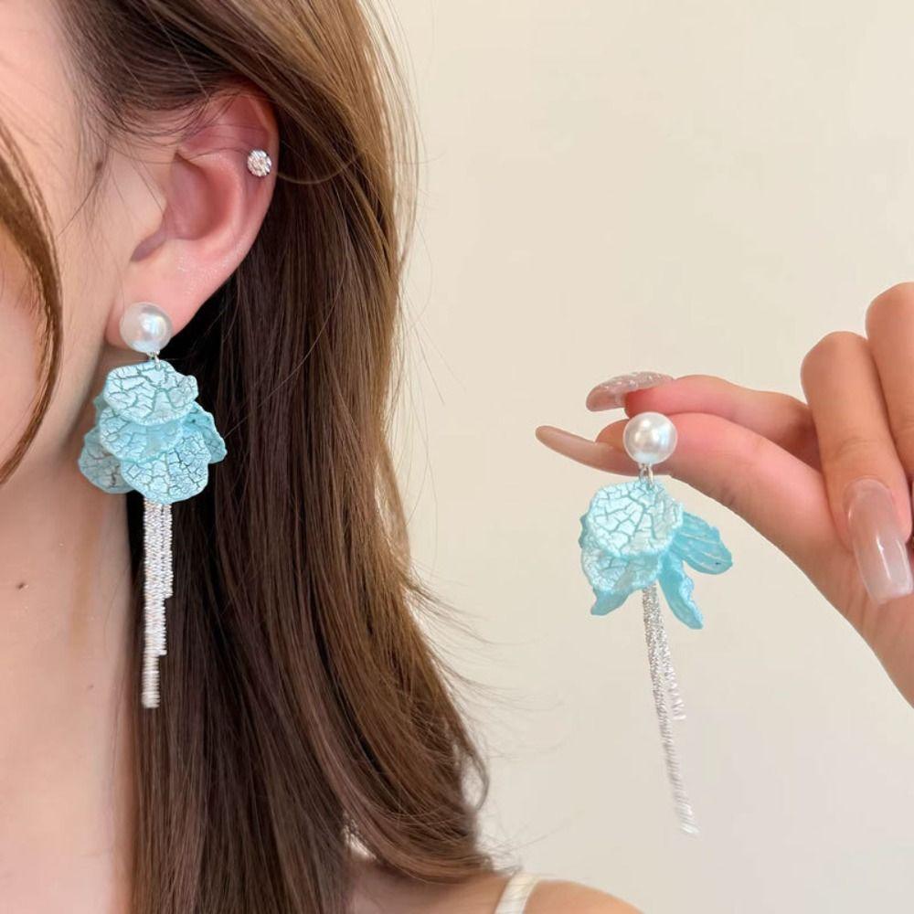 Peach Tea Color Tassel Earrings Blue Petal Design Fashion Jewelry Zinc Zinc Alloy Earrings Women's Jewelry