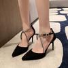 Fashion Cross Crystal Slip Strap Anti-Slip Wear-Resistant High Heels Autumn New Pointed Toe Shallow Mouth Stiletto Single Shoes